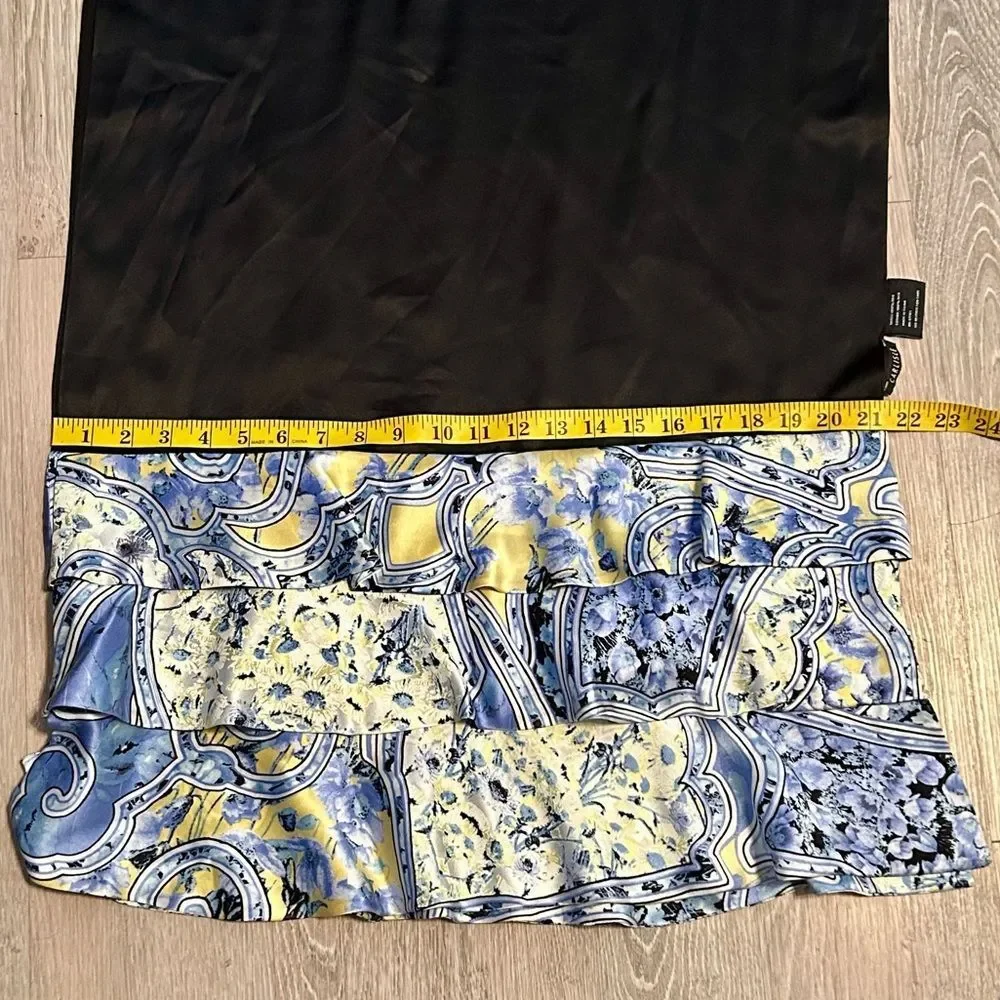 Carlisle Elegant Black Silk Cape Scarf Wrap Blue White Floral Paisley Hem Ruffle